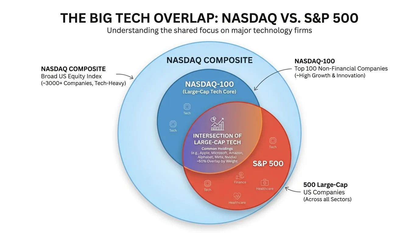 A nested Venn diagram showing the Nasdaq Composite as the largest outer circle, containing the Nasdaq-100 as a concentrated inner core, with an overlapping circle for the S&P 500 to show the intersection of large-cap tech.
