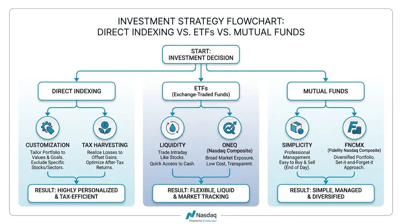 A decision-tree flowchart comparing "Direct Indexing" (Customization/Tax Harvesting), "ETFs" (Liquidity/ONEQ), and "Mutual Funds" (Simplicity/FNCMX). Use a sleek, minimalist aesthetic with Nasdaq-blue and white accents.
