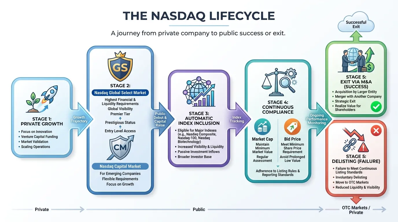A sleek, professional flowchart titled 'The Nasdaq Lifecycle.' Stage 1: Private Growth. Stage 2: IPO/Exchange Listing (Global Select vs Capital Market tiers). Stage 3: Automatic Index Inclusion. Stage 4: Continuous Compliance (Market Cap & Bid Price). Stage 5: Exit via M&A (Success) or Delisting (Failure).