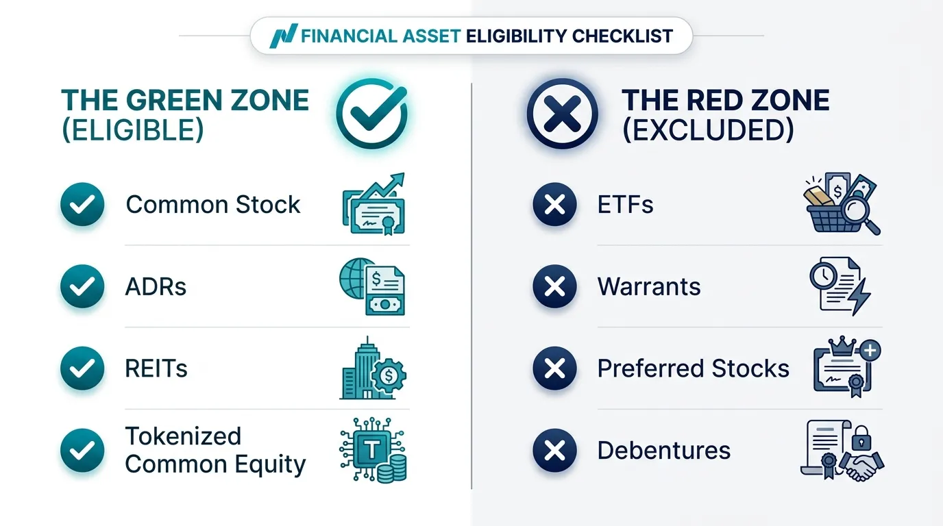 A clean, dual-column checklist infographic. Left side: "The Green Zone (Eligible)" with icons for Common Stock, ADRs, REITs, and Tokenized Common Equity. Right side: "The Red Zone (Excluded)" with icons for ETFs, Warrants, Preferred Stocks, and Debentures. Professional financial aesthetic using Nasdaq's signature teal and deep navy.