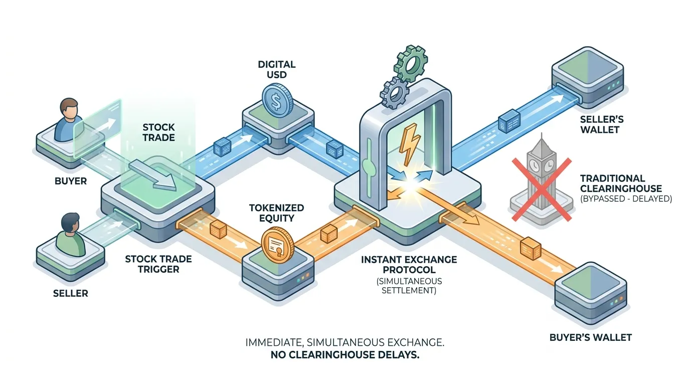 3D isometric flow diagram showing a stock trade triggering an immediate, simultaneous exchange of digital USD and tokenized equity, bypassing traditional clearinghouse delays.