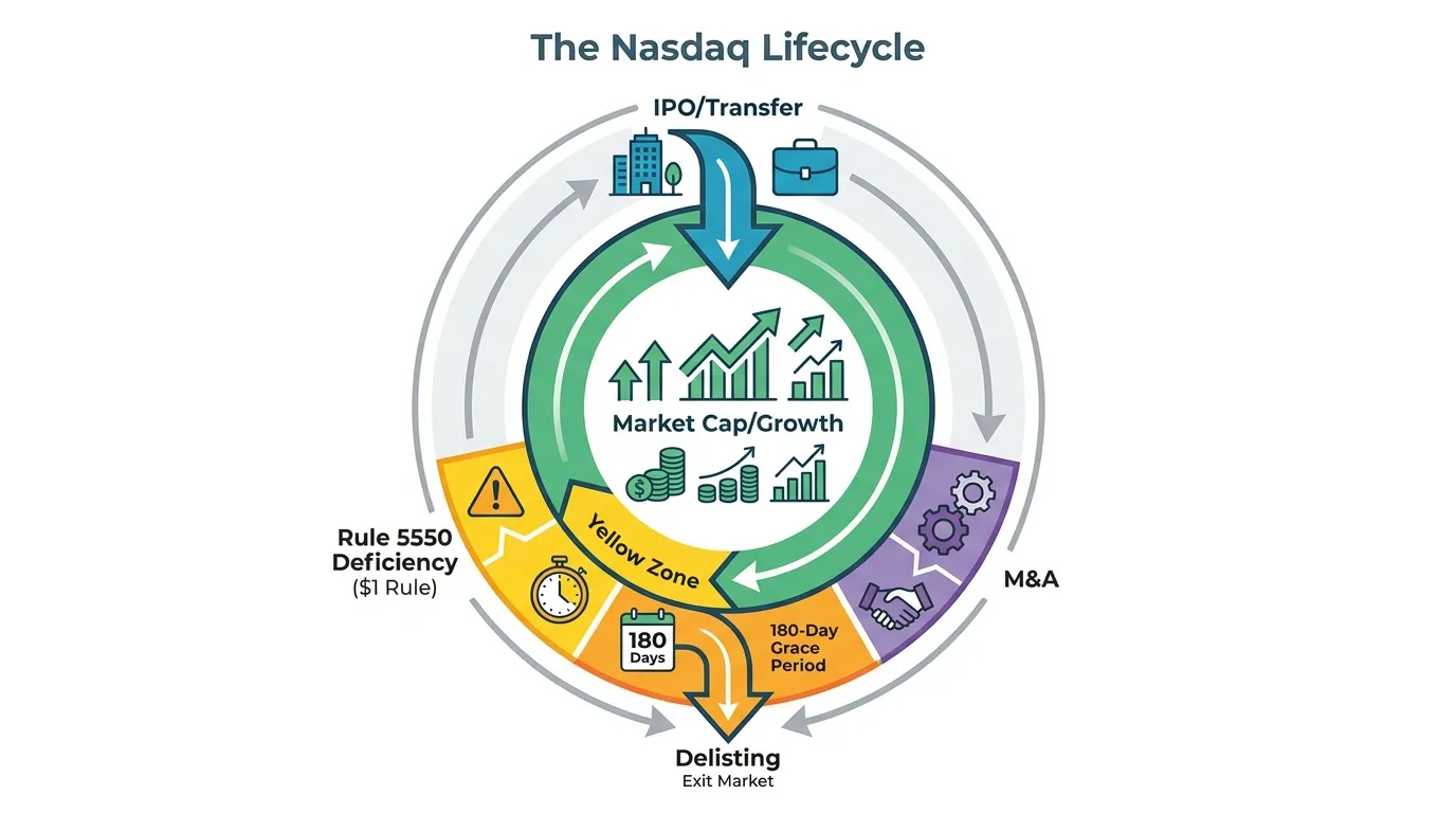 A circular flowchart titled 'The Nasdaq Lifecycle'. Arrows show 'IPO/Transfer' entering the top, 'Market Cap/Growth' maintaining the center, and 'Rule 5550 Deficiency ($1 Rule)' or 'M&A' exiting the bottom. Highlighting the 180-day grace period as a 'Yellow Zone'.