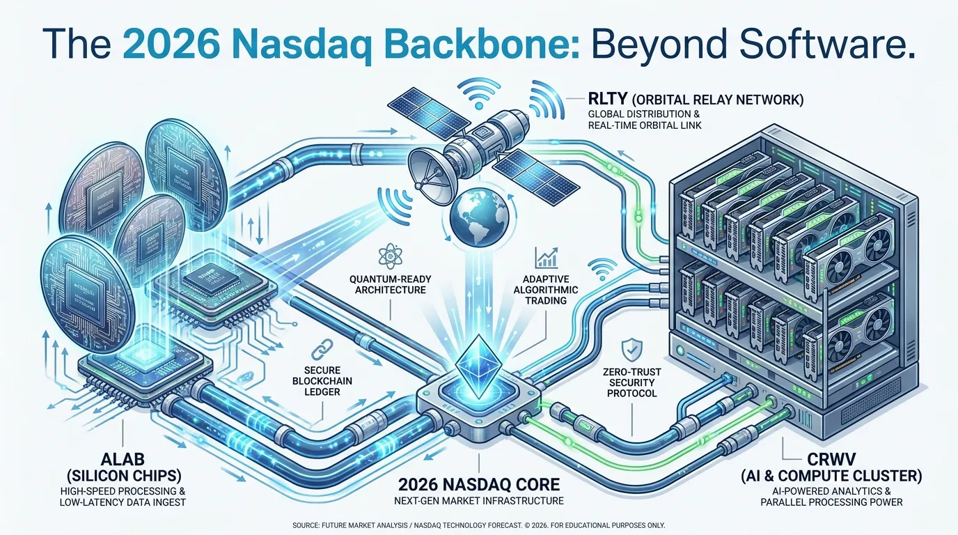 A futuristic industrial schematic showing silicon chips (ALAB) connected to a satellite (RLTY) and a GPU rack (CRWV), titled "The 2026 Nasdaq Backbone: Beyond Software."