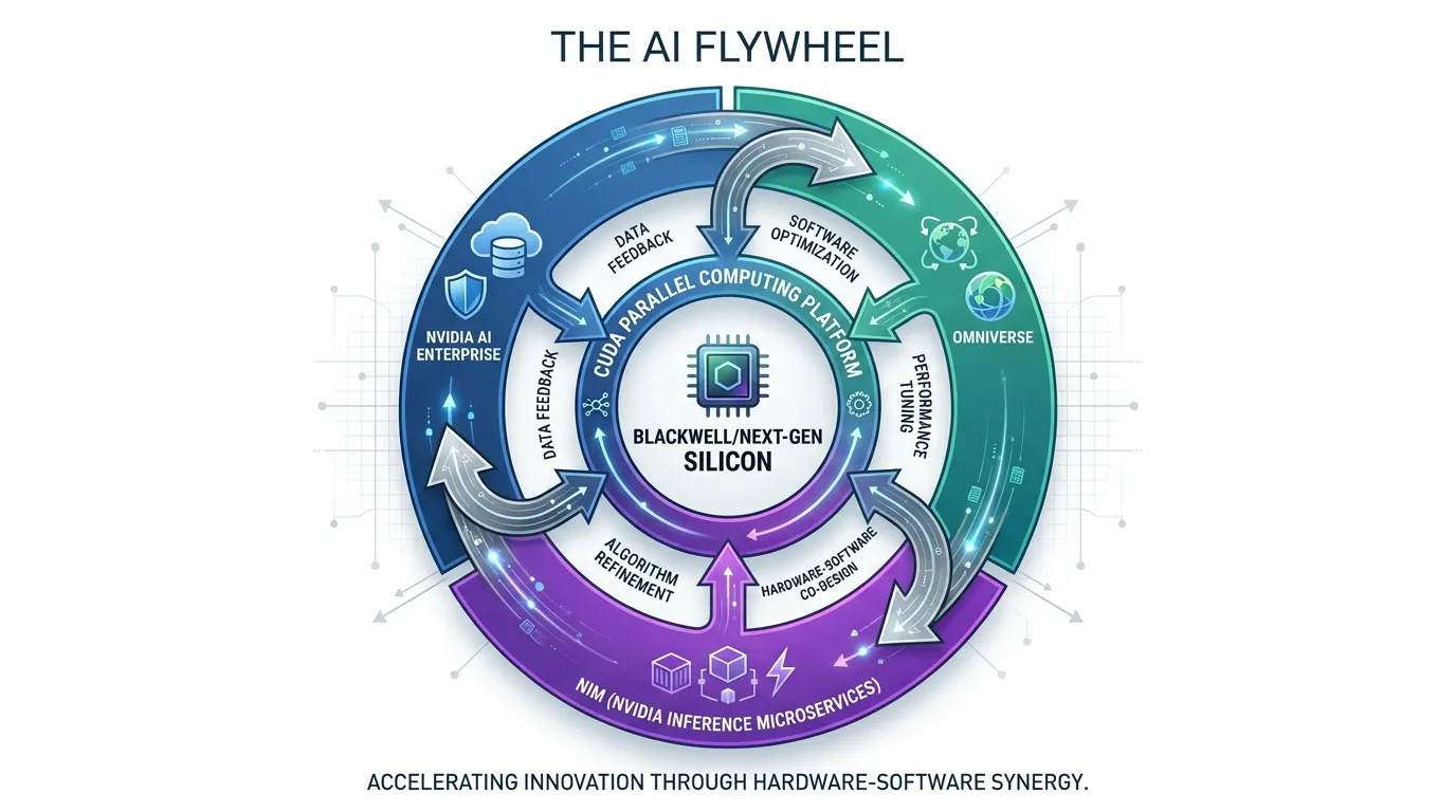 A circular 'AI Flywheel' diagram. Center: Blackwell/Next-Gen Silicon. Inner Ring: CUDA Parallel Computing Platform. Outer Ring: Nvidia AI Enterprise, Omniverse, and NIM (Nvidia Inference Microservices). Arrows showing data flowing from hardware back into software optimization.